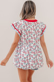 Red Sunflower Printed Contrast Trim V Neck Flutter Sleeve Blouse