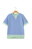 Sky Blue Stripe Contrast Trim Loose Short Sleeve Top
