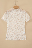 White Mock Neck Short Sleeve Floral Mesh Top