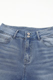Sky Blue Double Button Raw Hem Slim Fit Jeans