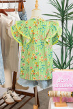 Green Stripe Floral Printed Scalloped Detail Ruffle Short Sleeve Blouse