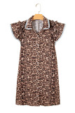Khaki Leopard Print Lace Trim Shirt Collar Button Down Loose Mini Dress