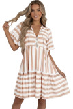 Khaki Stripe Tie V Neck Ruffle Trim Short Sleeve Flared Summer Dress