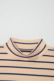 Khaki Stripe Mock Neck Short Sleeve Loose Top