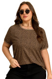 Khaki Plus Size Leopard Print Ribbed Trim Round Neck Tee
