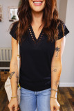 Black Cutout Embroidered Trim V Neck Cap Sleeve Tee