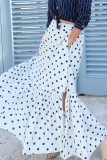 White Polka Dot Ruffled Slit Maxi Skirt