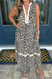 White Leopard Print Colorblock Trim Sleeveless Midi Dress