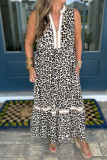 White Leopard Print Colorblock Trim Sleeveless Midi Dress