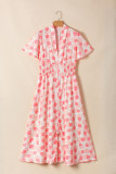 Pink Polka Dot Printed Ruffle Short Sleeve Zip Up Long Dress