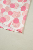 Pink Polka Dot Printed Ruffle Short Sleeve Zip Up Long Dress
