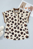 Khaki Plus Size Leopard Print Frilled Color Block Trim Button Down Short Sleeve Blouse