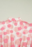 Pink Polka Dot Printed Ruffle Short Sleeve Zip Up Long Dress