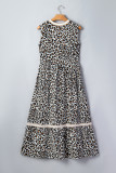 White Leopard Print Colorblock Trim Sleeveless Midi Dress