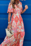 Multicolour Paisley Print V-Neck Short Sleeve Boho Maxi Dress with Ruffle Details