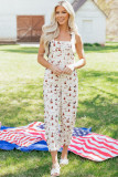 Beige Western Printed Button Adjustable Straps Loose Jumpsuit Dungarees