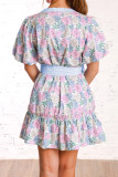 White Floral Print Striped Contrast Trim Belted Short Dress