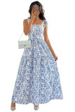 Sky Blue Floral Print Knot Straps High Waist Flared Maxi Dress