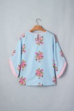 Sky Blue Floral Print Button Cuffed 3/4 Sleeve Round Neck Blouse