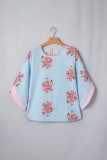 Sky Blue Floral Print Button Cuffed 3/4 Sleeve Round Neck Blouse