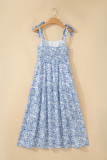 Sky Blue Floral Print Knot Straps High Waist Flared Maxi Dress