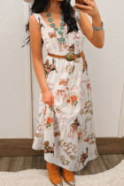 White Western Horseshoe Print U-Neck Sleeveless Midi Dress