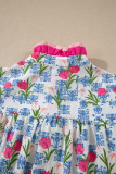 Rose Floral Print Color Block Striped Trim Flutter Sleeve Half Button Blouse