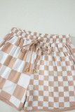 Khaki Double Checkered Print Beaded Drawstring Casual Shorts