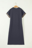Dark Grey Contrast Leopard Bow Patched Short Sleeve T Shirt Long Dress