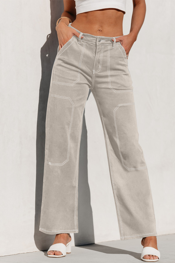 Apricot Contrast Stitching Multi Pockets Loose Jeans