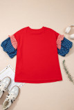 Fiery Red Plus Size Striped Ruffles Star Short Bubble Sleeve Patchwork Top