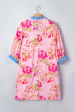 Multicolour Floral Striped Patchwork Trim Half Sleeve Mini Dress