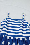 Blue Striped Polka Dot Patchwork High Waist Spaghetti Straps Maxi Dress