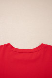 Fiery Red Plus Size Striped Ruffles Star Short Bubble Sleeve Patchwork Top