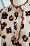 Khaki Leopard Printed Ruffle Sleeve Summer Blouse