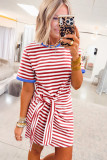 Red Nautical Tie Contrast Trim Round Neck T Shirt Mini Dress