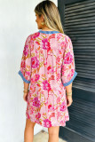 Multicolour Floral Striped Patchwork Trim Half Sleeve Mini Dress
