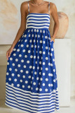 Blue Striped Polka Dot Patchwork High Waist Spaghetti Straps Maxi Dress