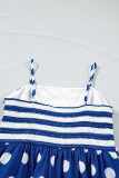 Blue Striped Polka Dot Patchwork High Waist Spaghetti Straps Maxi Dress