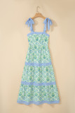 Green Geometric Floral Print Striped Patchwork Detail Sleeveless Dress