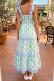 Green Geometric Floral Print Striped Patchwork Detail Sleeveless Dress