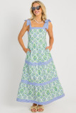 Green Geometric Floral Print Striped Patchwork Detail Sleeveless Dress