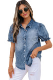 Beau Blue Frilled Short Sleeve Snap Button Denim Shirt