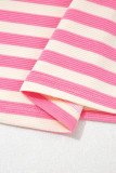 Rose Stripe Contrast Trim Polo Collar Ruffled Short Sleeve Blouse