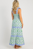 Green Geometric Floral Print Striped Patchwork Detail Sleeveless Dress