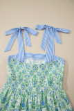 Green Geometric Floral Print Striped Patchwork Detail Sleeveless Dress
