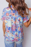 Purple Vacation Floral Print V Neck Short Sleeve Blouse