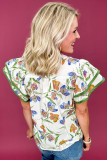 Green Floral Print Ruffle V-Neck Pressed Pleats Binding Tape Cotton Blouse