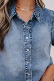 Beau Blue Frilled Short Sleeve Snap Button Denim Shirt