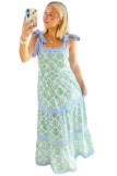 Green Geometric Floral Print Striped Patchwork Detail Sleeveless Dress